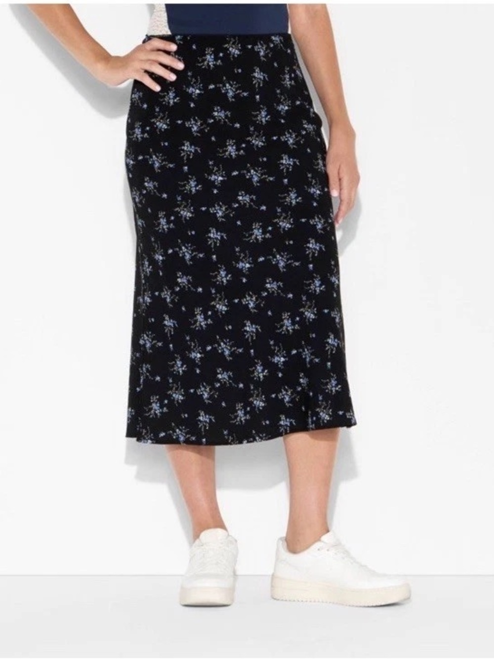 Wild Fable NWT Black Blue Floral Zipper Midi Women L Skirt